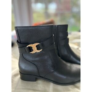 Tory Burch Women's Black Tumbled Leather Brooke Ankle Booties Flat Boots Size 9M